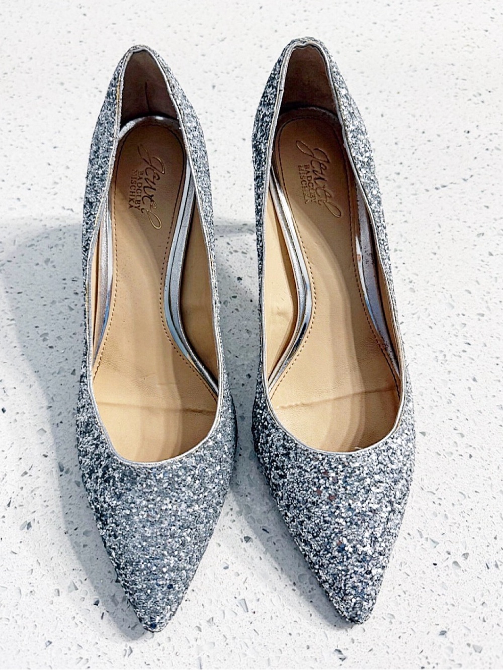 Jewel Badgley Mischka Heels Silver Glitter Size 8 Pointed Toe Pumps - Picture 5 of 12
